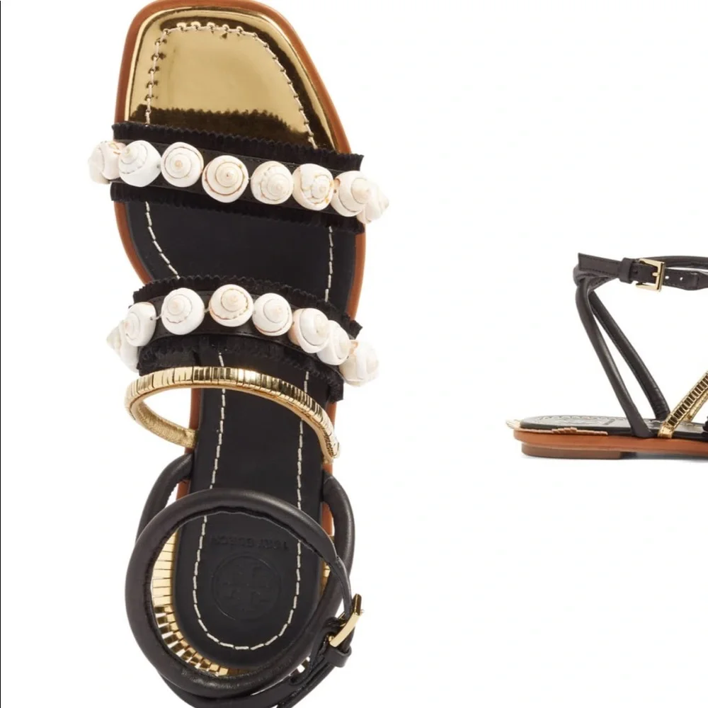 Tory Burch Black/Gold Sinclair Seashell Sandals